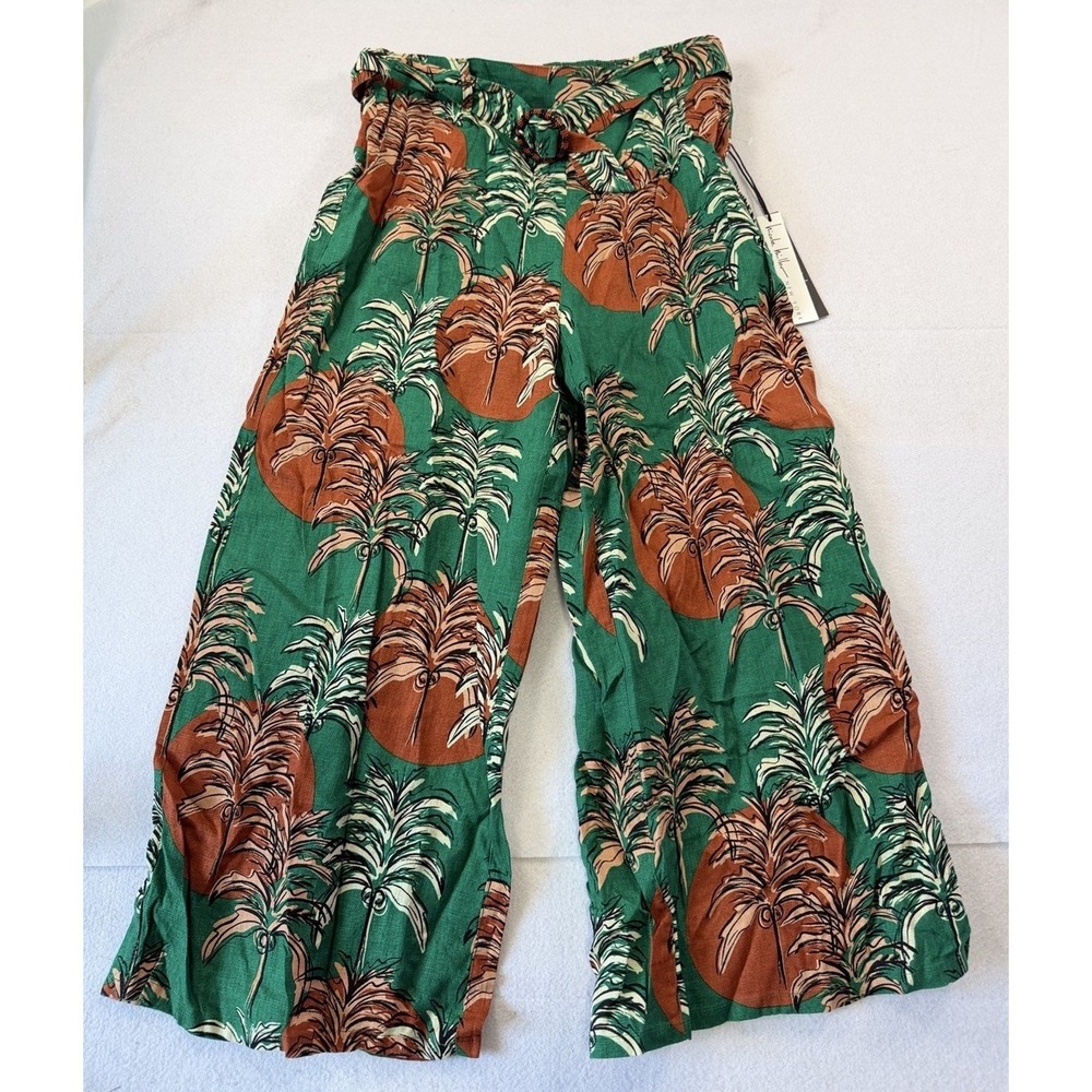 Nicole Miller 100% Linen Wide Leg Cropped Pants Size Large Tropical Print Resort - Picture 1 of 7
